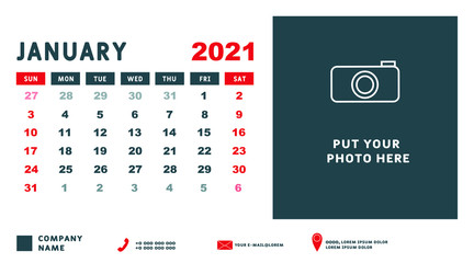 Calendar for January 2021. Week starts on Sunday. Calendar template design with Place for Photo and Company Logo.  Vector illustration. 