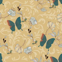 Seamless vector floral pattern of butterflies and inflorescences of flowers in elegant curls on a turquoise, light blue background.