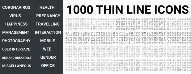 Big set of 1000 thin line icon. Coronavirus, virus, health, happiness, pregnancy, travelling, office, mobile, web, miscellaneous, food, management, photography, user interaction, gender icons, ui pack