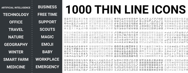 Big set of 1000 thin line icon. technology, office, travel, nature, geography, winter, medicine, business, support, magic, emoji, baby, workplace, emergency ui pack