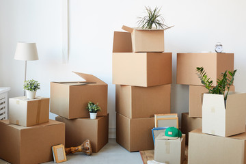 Background image of cardboard boxes stacked in empty room with plants and personal belongings...
