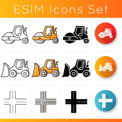Road works icons set. Compactor type vehicle for construction works. Roadworks transportation. Roller truck, bulldozer. Crossroad way. Linear, black and RGB color styles. Isolated vector illustrations