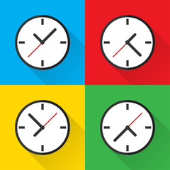 Clock timer. Vector isolated illustration. Set of vector clocks. Business watch. Trendy flat design concept. Colored background. Office clock with shadow illustration.