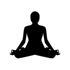 silhouette of a man sitting in a lotus position on a white background. Use as template or stencil for yoga studio icon or logo