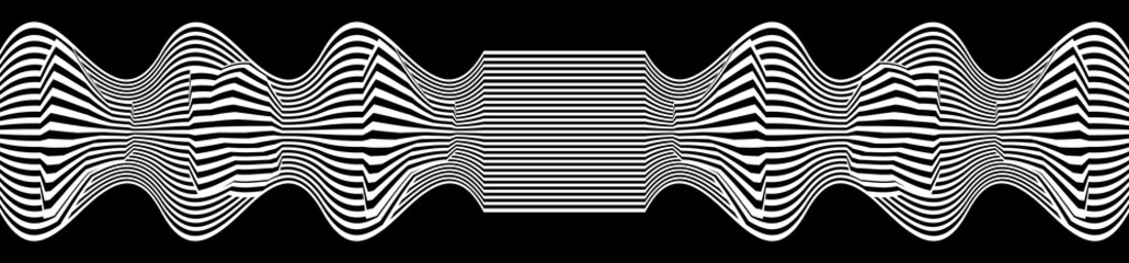Line waves illusion optical. Black and white seamless horisontal pattern lines vector.