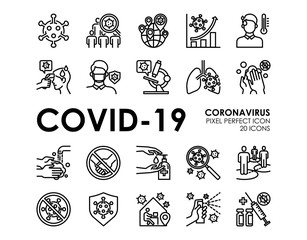 Set of Coronavirus disease COVID-19 Protection Related Vector Line Icons. Such as Covid-19 prevention, Coronavirus Symptoms, Covid outbreak, Social distancing, Editable Stroke, Pixel Perfect.