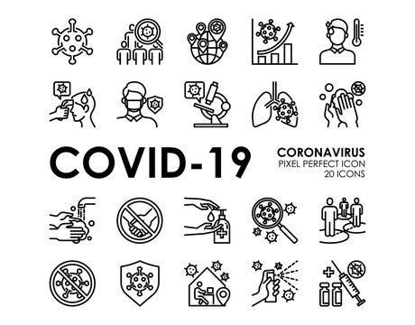 Set of Coronavirus disease COVID-19 Protection Related Vector Line Icons. Such as Covid-19 prevention, Coronavirus Symptoms, Covid outbreak, Social distancing, Editable Stroke, Pixel Perfect.