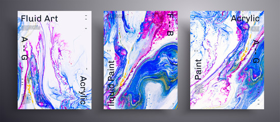 Abstract vector poster, texture set of fluid art covers. Artistic background that can be used for design cover, poster, brochure and etc. Blue, purple, golden and white creative iridescent artwork