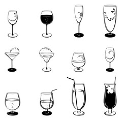 Vector set of isolated, abstract, stylized outline stemware and glasses on white background. Illustration for design.