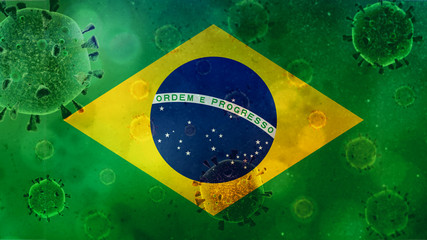 Brazil country flag with covid-19 coronavirus in background