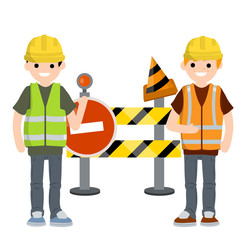 Construction work. Clothing and tools worker. Yellow uniform, gloves, green vest and helmet. Cartoon flat illustration. Maintenance service. Road closed. Sign and cone