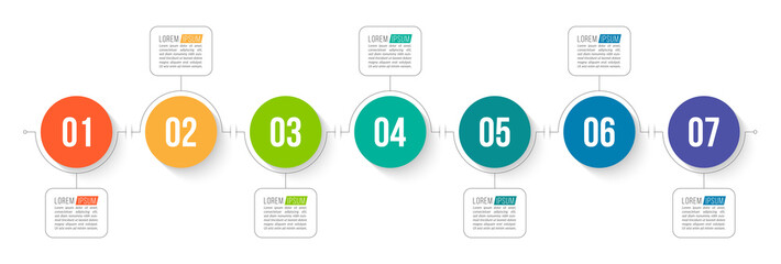 Minimal Business Infographics template. Timeline with 7 steps, options and marketing icons .Vector linear infographic with seven conected elements. Can be use for presentation.