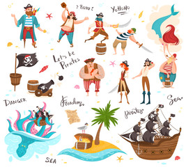 Pirates cartoon characters, set of funny isolated people and icons, vector illustration. Sea ocean piracy, sailing ship and treasure chest. Men and women in pirate costumes, sea adventures collection