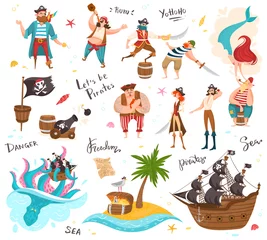 Muurstickers Piraten Piraten stripfiguren, set van grappige geïsoleerde mensen en pictogrammen, vectorillustratie. Zee-oceaanpiraterij, zeilschip en schatkist. Mannen en vrouwen in piratenkostuums, zee-avonturencollectie