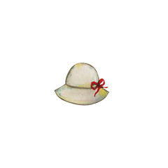 Watercolor illustration of a garden hat with a red bow. Hand-drawn with watercolors and is suitable for all types of design and printing.