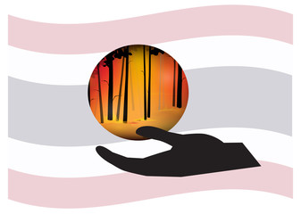 Chiang mai forest fire problem, Hand holding wild fire with Thailand national flag background, Save Chiangmai concept, Pray for Chiangmai, vector illustration.