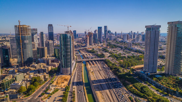 Tel Aviv-Ramat Gan city center aerial drone view