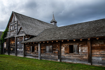 Fototapeta na wymiar LOG PIONEER BUILDINGS FROM SAINT MARIE AMONG THE HURONS MIDLAND ONTARIO CANADA