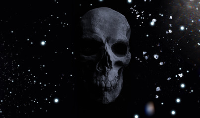 Scary grunge skull wallpaper. Halloween background with free space for text. Design for t-shirt print.