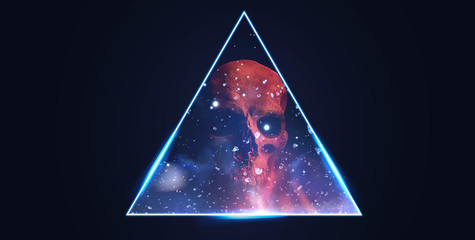 Abstract dark geometric background. Black minimalism. Blue neon triangle.  Scary grunge red skull...