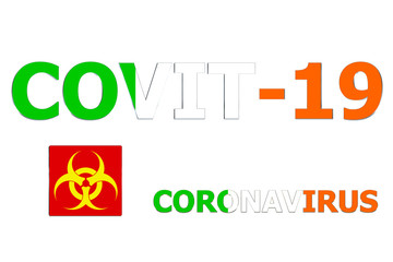 3D Flag of Ireland on a Covit-19 text background.