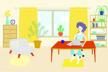 Women siting by the desk and working from home.  Cosy interior with working space in house. Home office concept, freelancer at laptop or  online shopping,  using laptop at home, vector illustration.