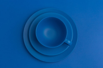 blue background with blue utensils, top view, nobody, color of the year