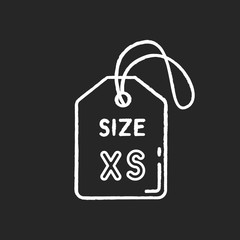 Extra small size label chalk white icon on black background. Clothing parameters description. Informational tag with XS letters for mini size apparel. Isolated vector chalkboard illustration