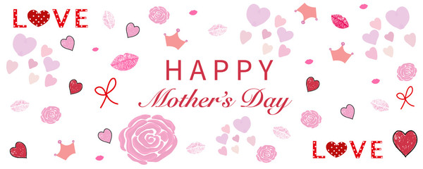 Fototapeta na wymiar Happy Mother's Day pink hand drawn abstract roses, hearts, love, lips, kiss collage banner. Happy Mother's day greeting card, Valentine's Day, Birthday, Woman's Day... etc banner style template design