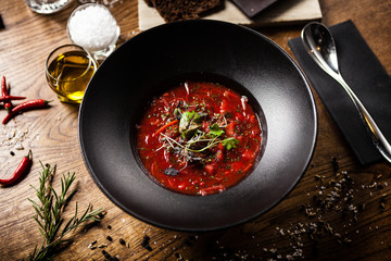 Beetroot soup served in a bowl in restaurant