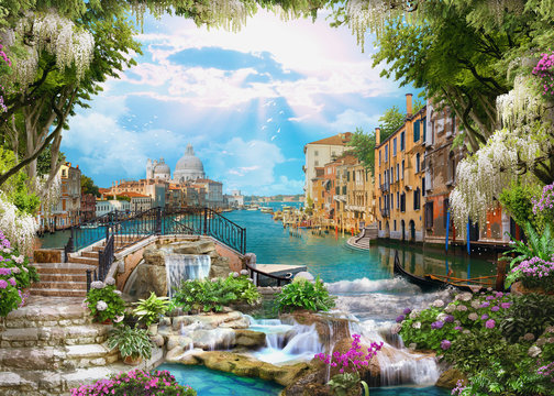 Beautiful collage with access to the sea, the ancient houses of Venice, flowers and waterfalls. Digital collage , mural and fresco. Wallpaper. Poster design. Modular panno.