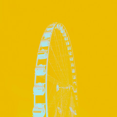 Neon mint blue ferris wheel on a vivid yellow orange color background