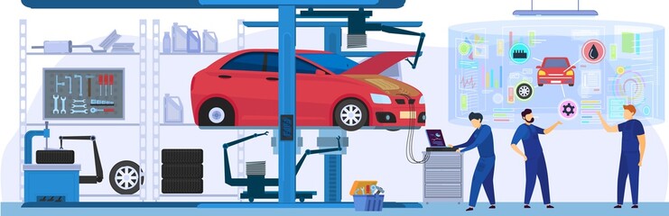 Car service, professional maintenance and diagnostic, people using modern technologies, vector illustration. Mechanic in work uniform, men cartoon characters repairing car in garage workshop center