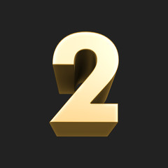 2 two number rendering. Metallic gold 3D number two. 3D Illustration. Rendering. Isolated on black background.	