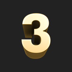3 three number rendering. Metallic gold 3D number three. 3D Illustration. Rendering. Isolated on black background.	
