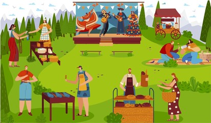 Naklejka premium Food festival outdoor, people celebrating traditional cultural event picnic, vector illustration. Musicians in Mexican costume performing on stage, men and women at summer food fair, cartoon character