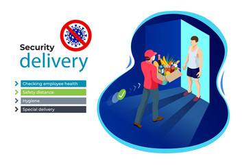Fototapeta premium Isometric Delivery man or courier in a medical mask and gloves delivering food to customer at home. Online purchases during a quarantine. Contactless or to the door delivery.
