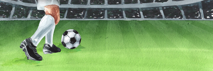 Professional football soccer player in action On the background of a football ground. Hand drawn watercolor illustration with copy space © dariaustiugova