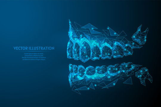Healthy man jaw, mouth close-up view from the side. Correct bite, occlusion, molar. Concept of dentistry, orthodontics, dentist, wisdom tooth. 3d low poly wireframe vector illustration.