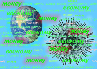 Money economy global world crisis text 3D illustrartion on blue background