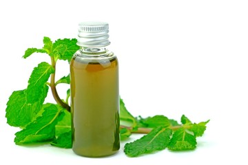 Peppermint essential oil decorated with peppermint leaves isolate on white background.