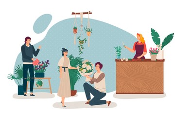 People in flower shop, florist at store counter, kneeling man give bouquet to woman, vector illustration. Romantic couple cartoon character selling and watering houseplant. Gardening hobby or business