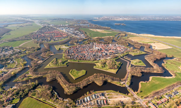 Super high resolution aerial image of the medieval Naarden Fortress village in the Netherlands with defence walls and canals