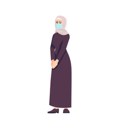 Muslim woman in surgical mask semi flat RGB color vector illustration. Young arab lady isolated cartoon character on white background. Covid19 pandemic, coronavirus outbreak personal protection