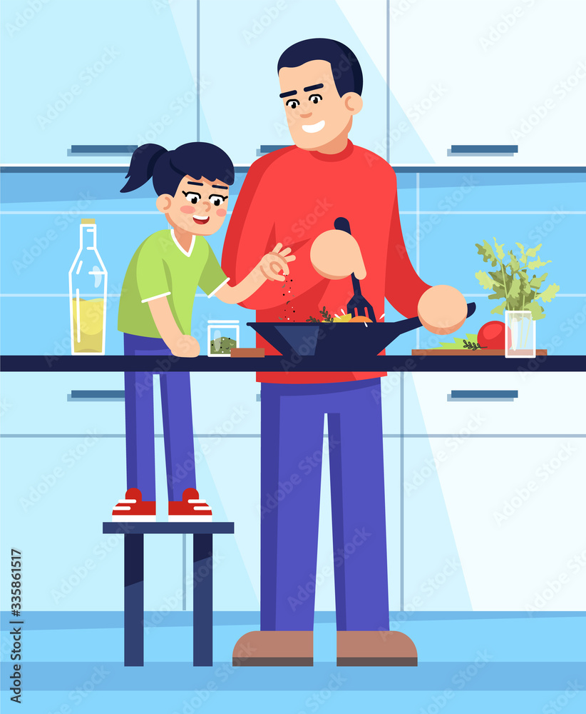 Canvas Prints Father and daughter making salad together semi flat vector illustration. Male parent and female child preparing dinner, cooking family members 2D cartoon characters for commercial use