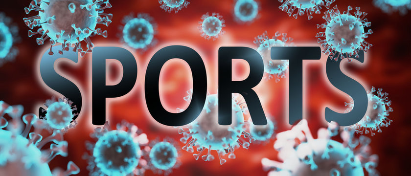 covid and sports, pictured by word sports and viruses to symbolize that sports is related to corona pandemic and that epidemic affects sports a lot, 3d illustration