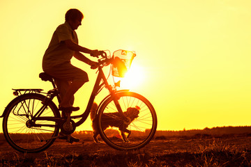 Fototapeta na wymiar Senior woman riding bike and dog running in front, silhouette of riding person at sunset with pet 