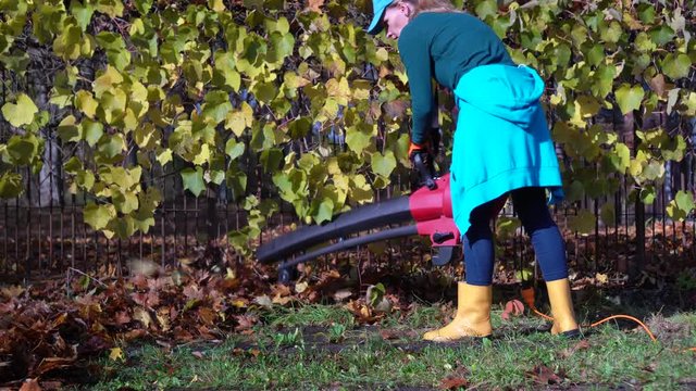 Gardener girl blowing leaves with leaf blower in backyard