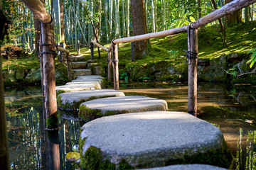 Stone path over the pond in Japanese garden
