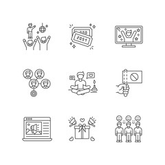 Fototapeta premium Social media promotion pixel perfect linear icons set. Fan meeting. Raffle tickets. TV reality show. Customizable thin line contour symbols. Isolated vector outline illustrations. Editable stroke